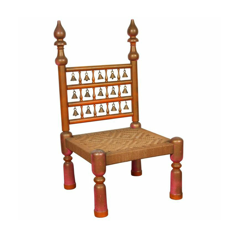 Furnisharp Handcrafted Wooden Chair with Jute Seat & Decorative Bells
